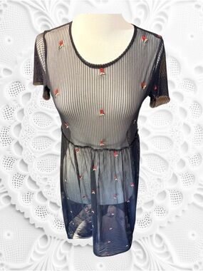 Forever rose couture Sheer Black Maxi Dress with Red Rose Embroidery Sz Small